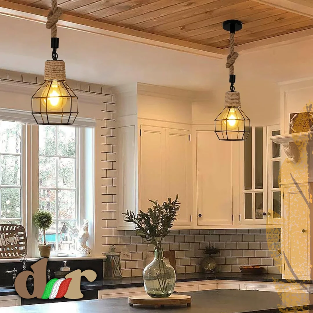 Lámparas colgantes estilo rústico con jaula y soga - 4